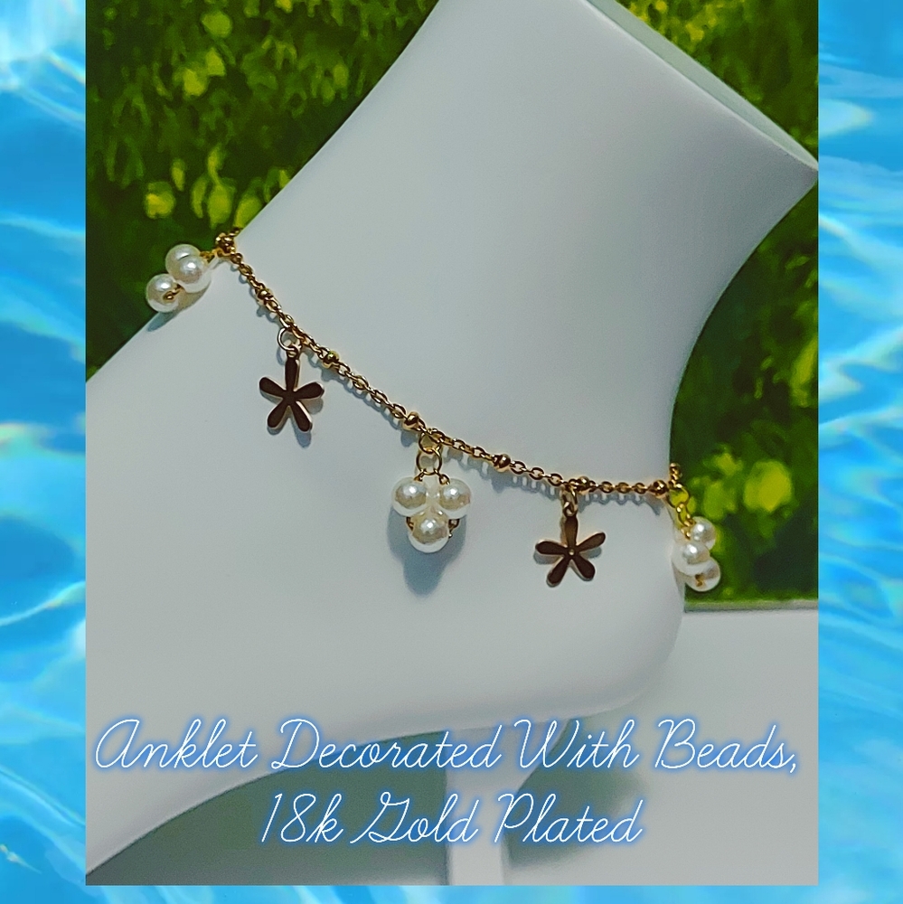 Anklet Decorated With White Beads ,18k Gold Plated